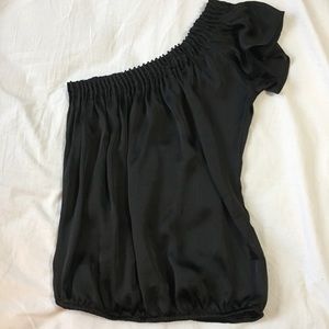One shoulder silky black top